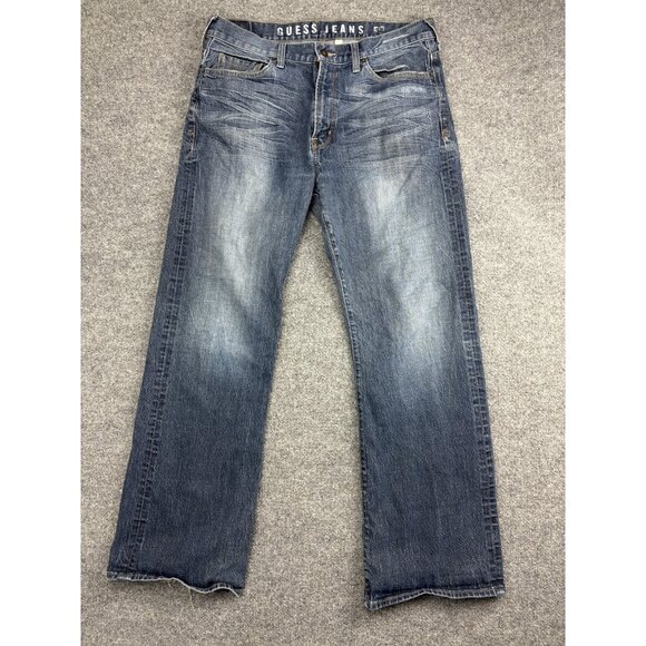 Guess Jeans Mens 34x32 Blue Denim Cliff Boot Cut Distressed Faded Classic Style - Picture 1 of 9